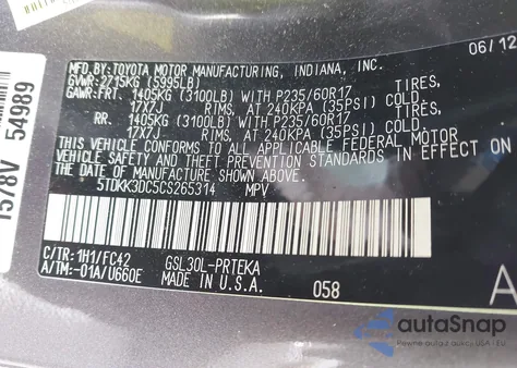 2012 Toyota Sienna Le V6 8 Passenger from USA, damaged, VIN 5TDKK3DC5CS265314